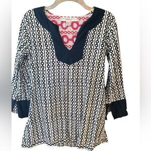 Gretchen Scott S. S Navy Blue & White Lightweight Cotton Patterned Blouse